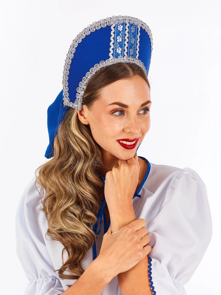Кокошник "Рита" с бантом синий серебро