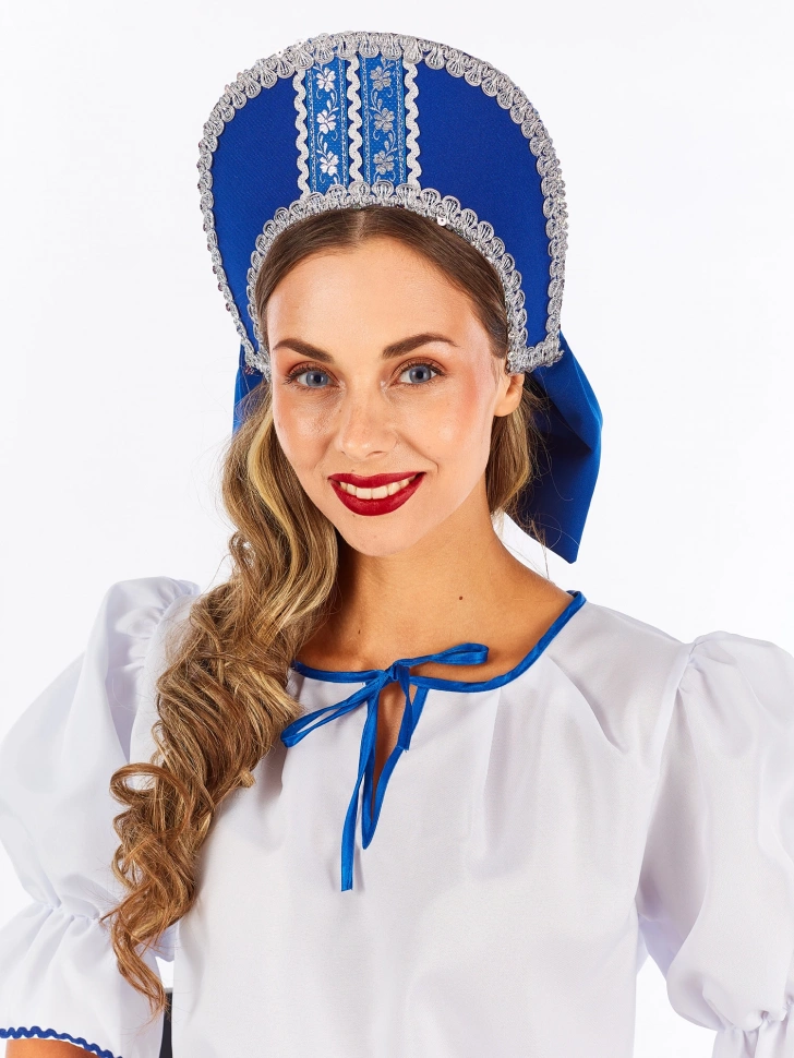 Кокошник "Рита" с бантом синий серебро